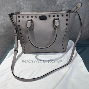 Michael Kors Sandrine Stud Grey Saffiano Leather Satchel With Crossbody Strap